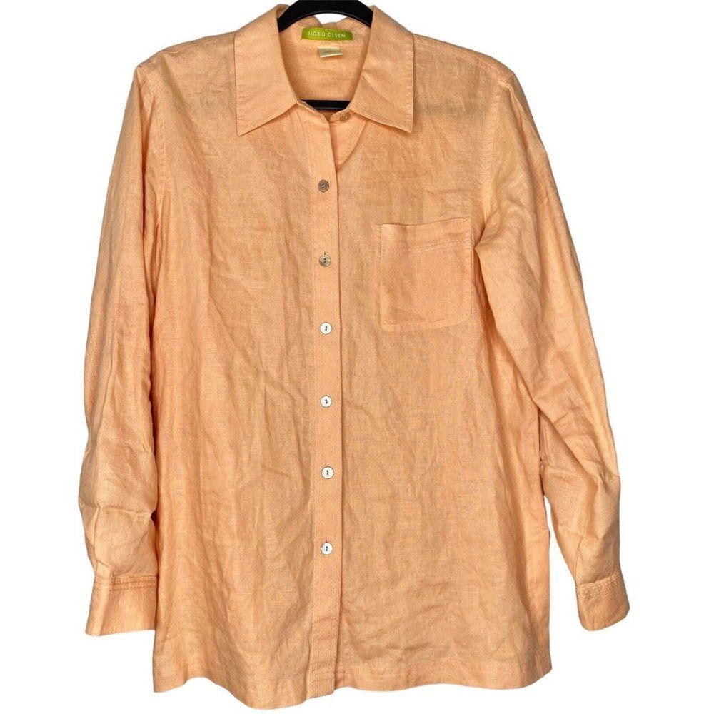 Sigrid Olsen Orange 100% Linen Long Sleeve Button Down Shirt | Size M